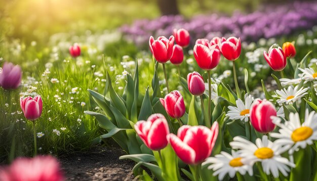 赤と白の花の畑で太陽がそれらを照らしている