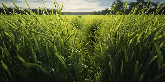 Field rice with paddy plant clean sky wallpaper background AI Generated