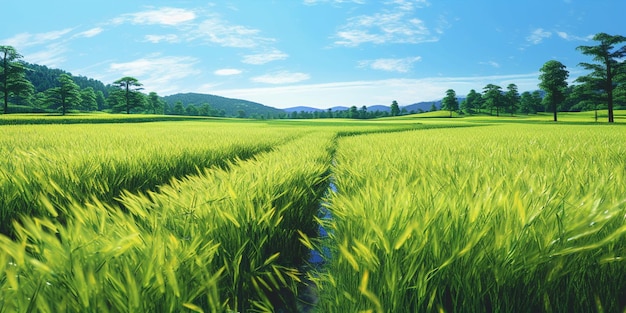 田んぼの稲と水田のきれいな空の壁紙の背景 AI 生成