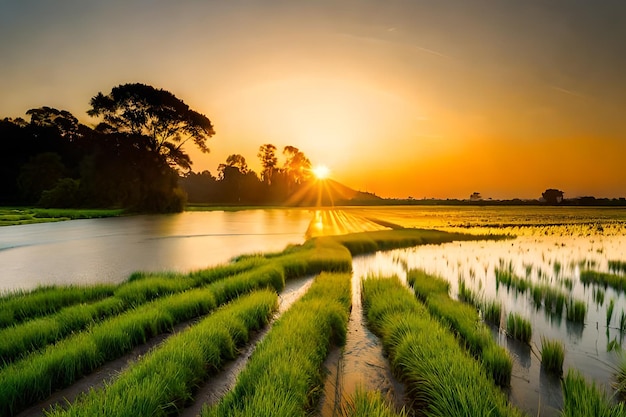 A field of rice with the sun setting behind it