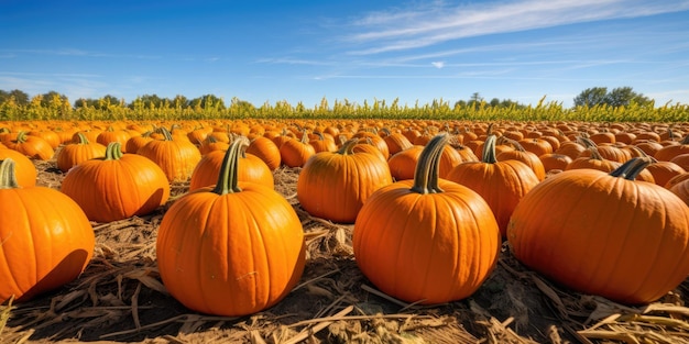 Field of ripe autumn pumpkins each one unique in shape and size