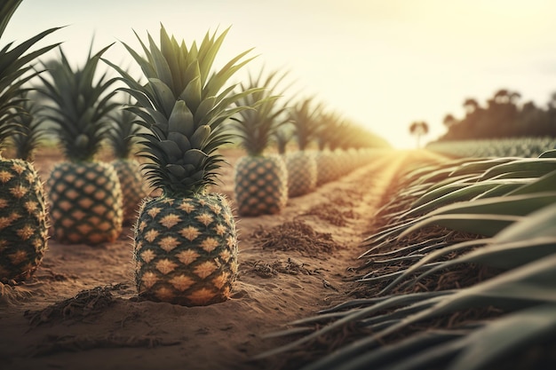 A field of ripe pineapples under a sunny sky