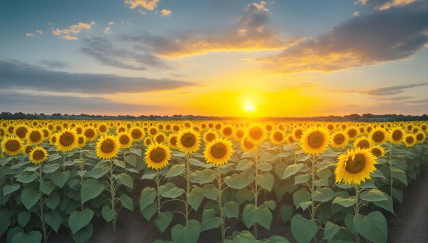 夕日を背景に熟したひまわり畑