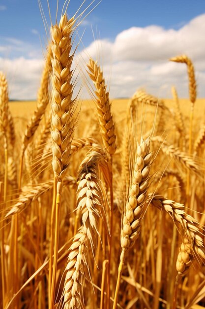 a field of ripe wheat with a blue sky in the background