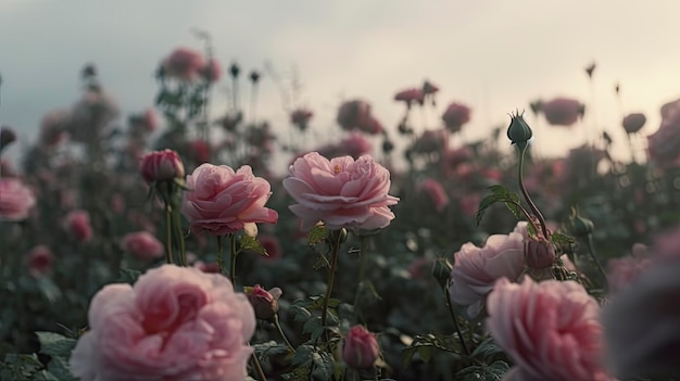 A field of roses in the morning