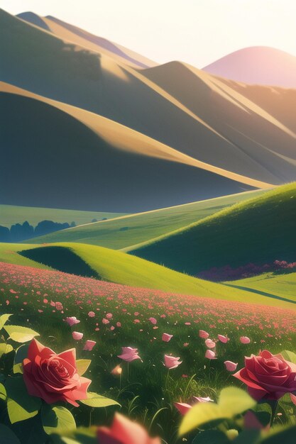 A field of roses in the mountains