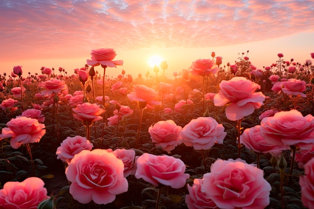 field of roses at sunset
