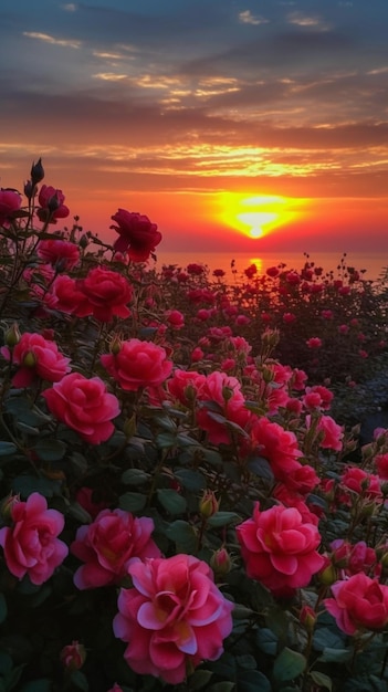 A field of roses at sunset.