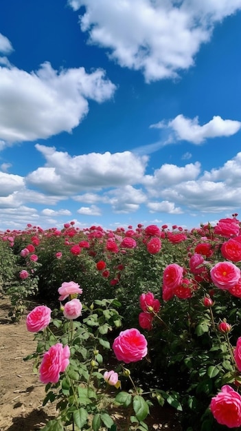 a field of roses with a blue sky in the background