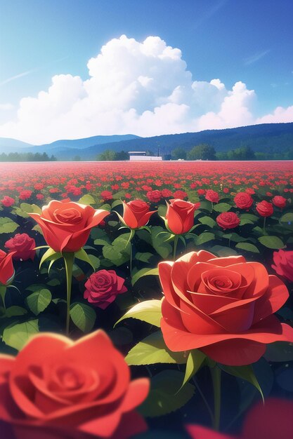 A field of roses with a blue sky in the background