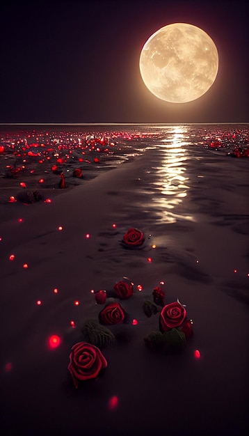 Field of roses with a full moon in the background generative ai