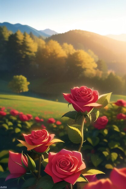 A field of roses with a mountain in the background