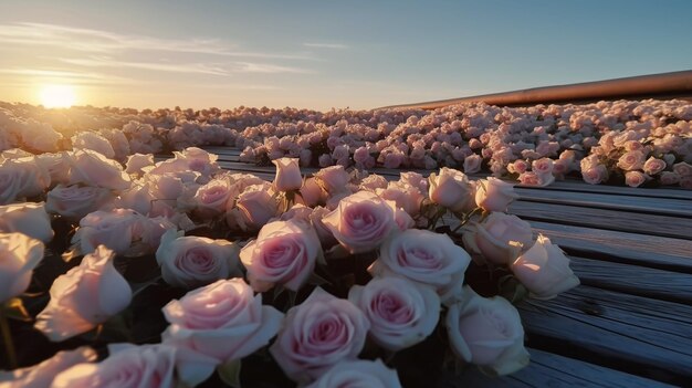 A field of roses with the sun setting behind it