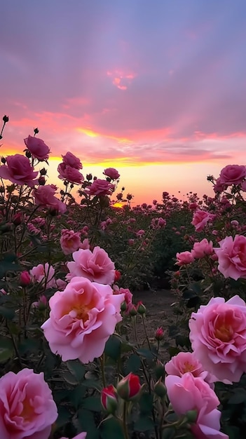 A field of roses with a sunset in the background