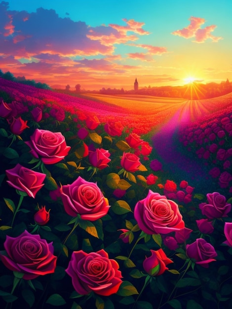 A field of roses with a sunset in the background.