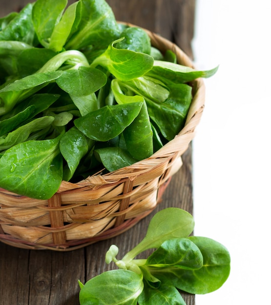 Field salad  on a wooden table close up