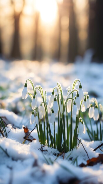 Field of snowdrops in the snow in the woods AI generated image