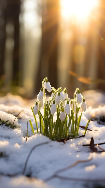 Field of snowdrops in the snow in the woods AI generated image