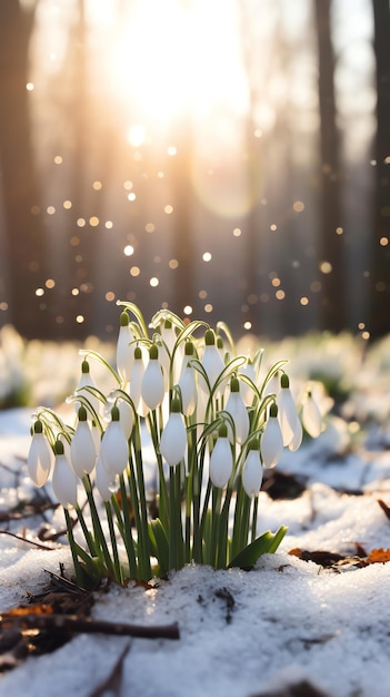 Field of snowdrops in the snow in the woods AI generated image