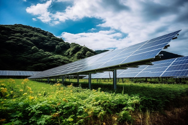 A field of solar panels is shown in the image