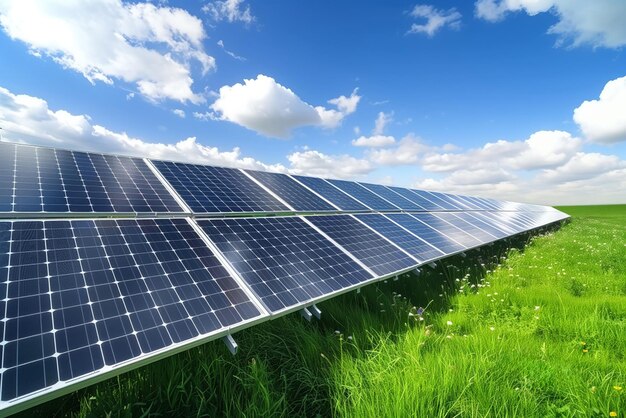 a field of solar panels with the sky in the background