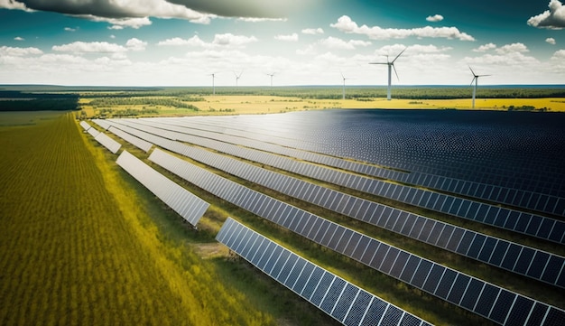 A field of solar panels with a wind farm in the background