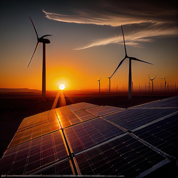 A field of solar panels with wind turbines at sunset