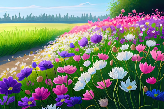 Field of spring flowers Generative Ai