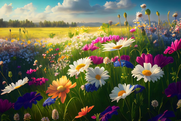 Field of spring flowers Generative Ai