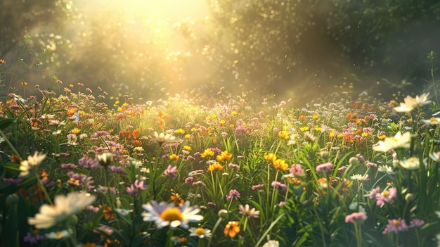 春の花と太陽の光の畑