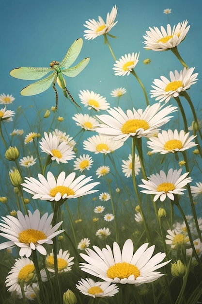 Field spring wildflowers chamomile closeup with flying butterflies illuminated in the morning vec