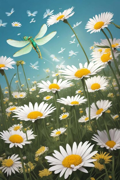 Field spring wildflowers chamomile closeup with flying butterflies illuminated in the morning vec