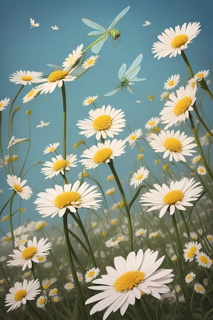 Field spring wildflowers chamomile closeup with flying butterflies illuminated in the morning vec