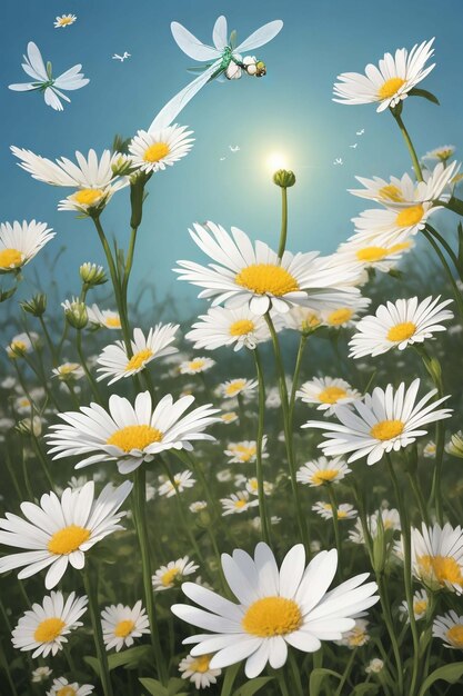 Field spring wildflowers chamomile closeup with flying butterflies illuminated in the morning vec