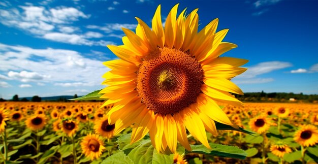 Field of sunflowers in bloom hot sunny summer panoramic bright background ai generated image