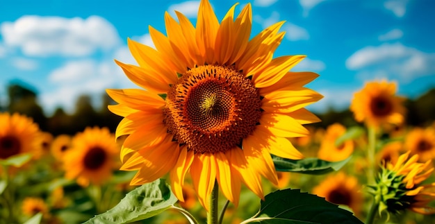 Field of sunflowers in bloom hot sunny summer panoramic bright background ai generated image