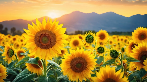 Field of sunflowers in full bloom bathed in the warm glow of a setting sun