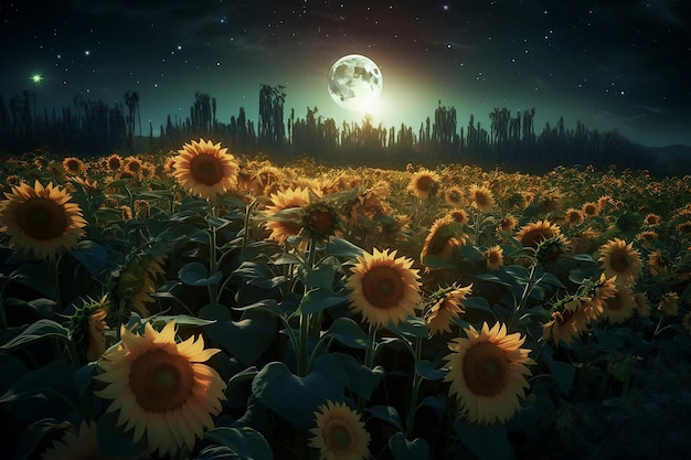 Campo di girasoli nella notte di luna piena