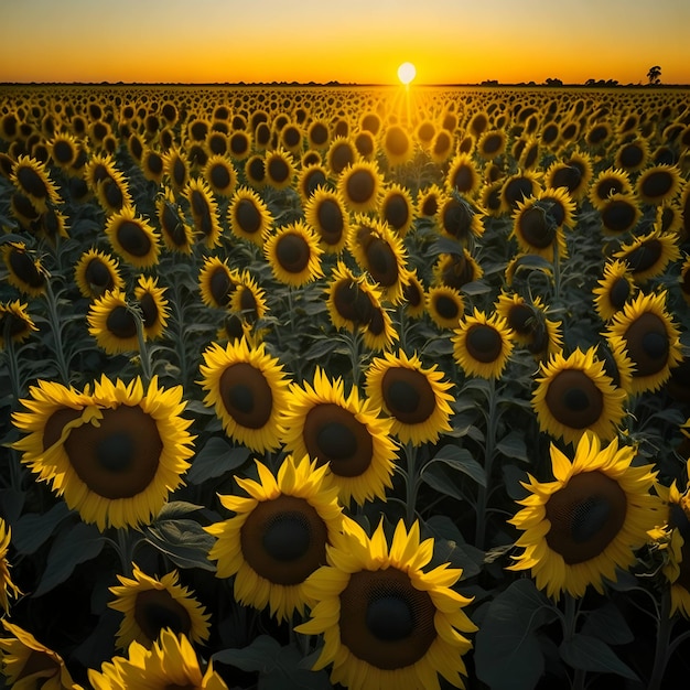 A field of sunflowers is shown with the sun in the background.