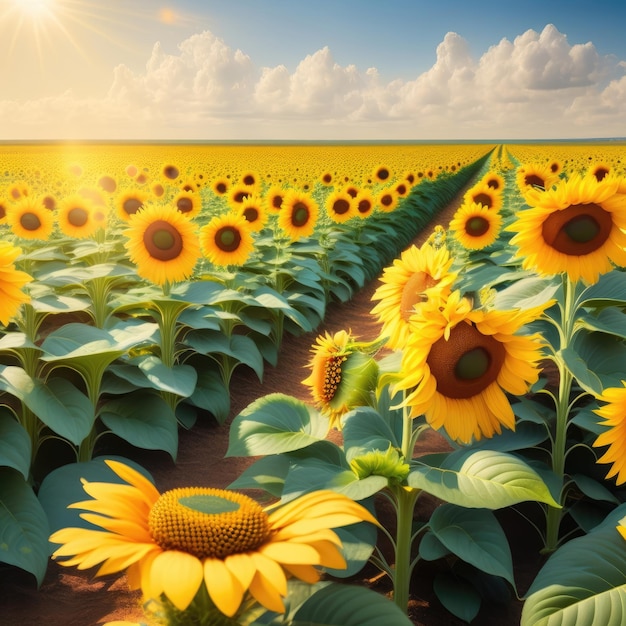 A field of sunflowers is shown with the sunflowers on the left.