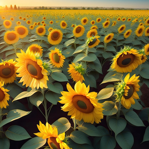 A field of sunflowers is shown with a sunset in the background.