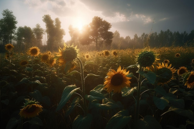 A field of sunflowers in the setting sun Generative AI illustration