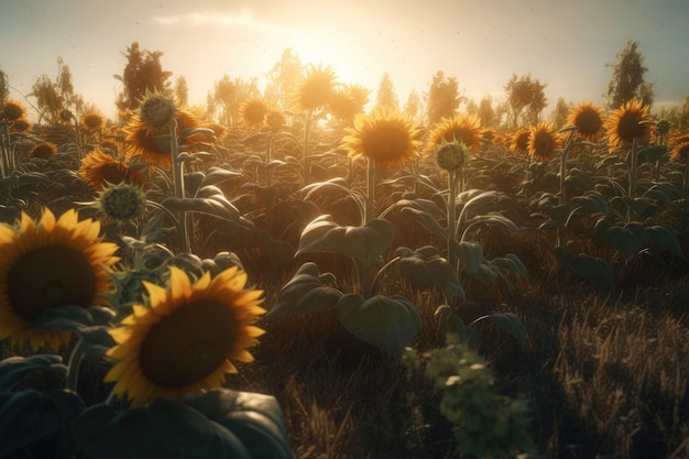 A field of sunflowers in the setting sun generative ai illustration