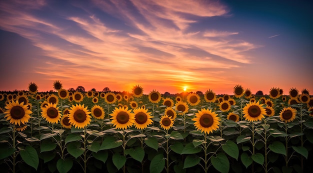 Field of sunflowers at sunset Generative AI