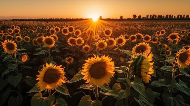 Field of sunflowers in sunset light