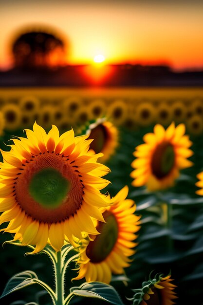 Field of sunflowers in sunset light