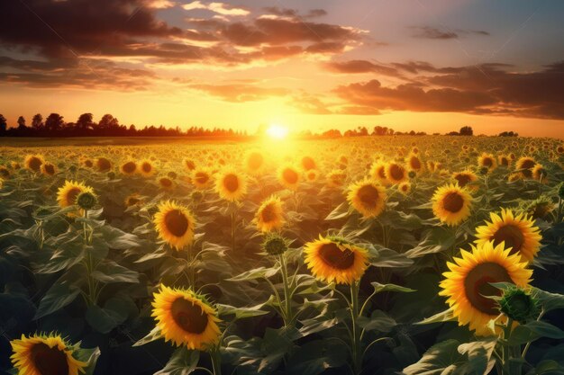 A field of sunflowers at sunset with a sunset in the background