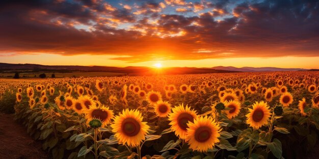 A field of sunflowers at sunset