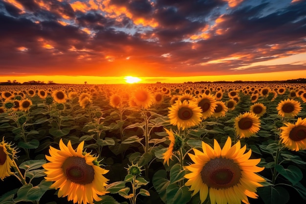 a field of sunflowers at sunset