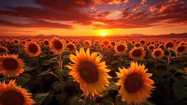 A field of sunflowers at sunset